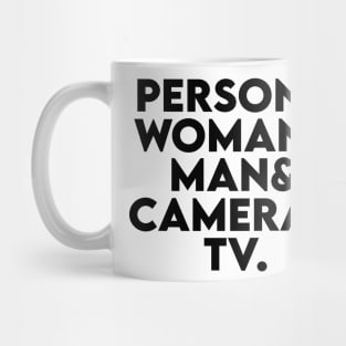 person woman man camera tv Mug